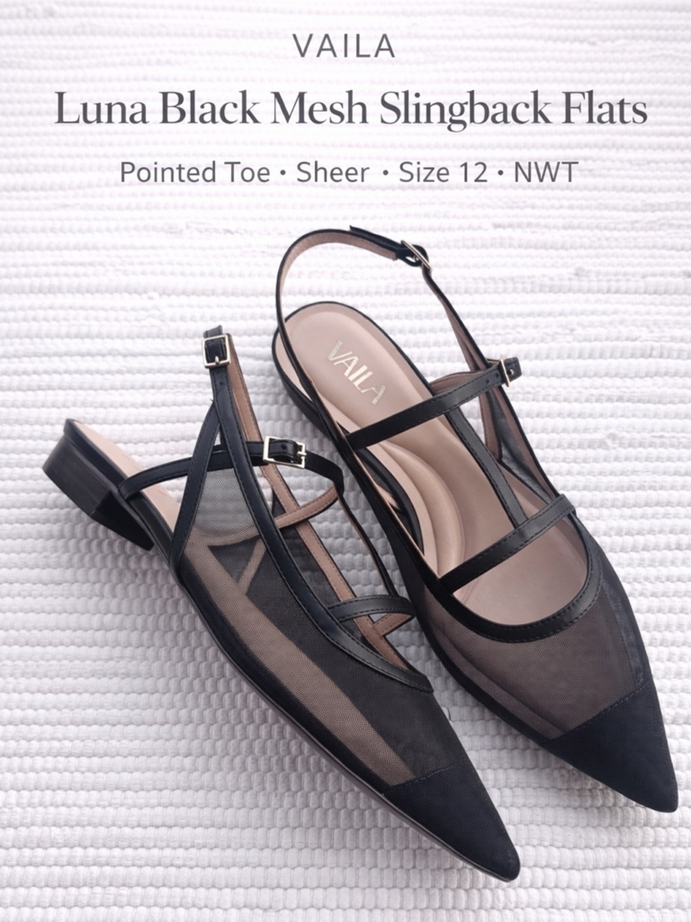 Vaila Luna Black Mesh Pointed Slingback Flats